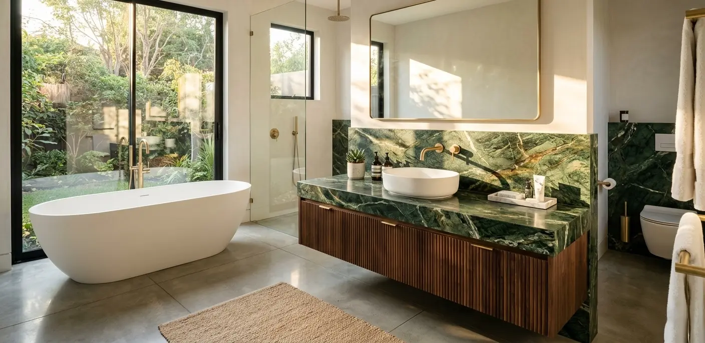 Modern living bathroom with forest green marble vanities