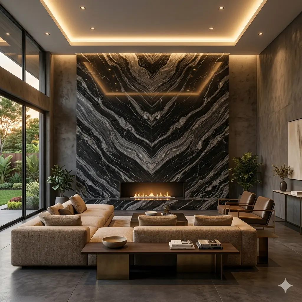 Black And Gray Marble full slab living room feature wall in luxury architectural setting