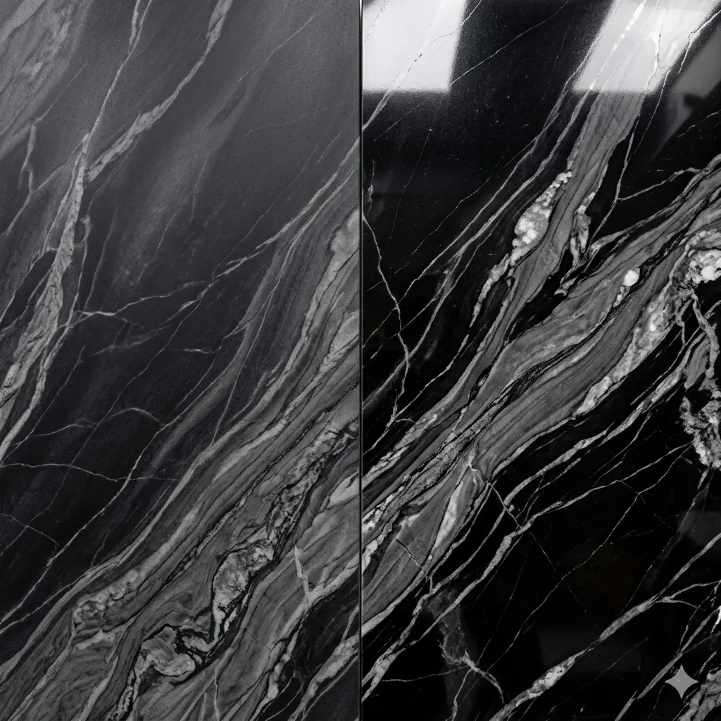 Black And Gray Marble honed and polished finish samples showing two-tone surface character difference