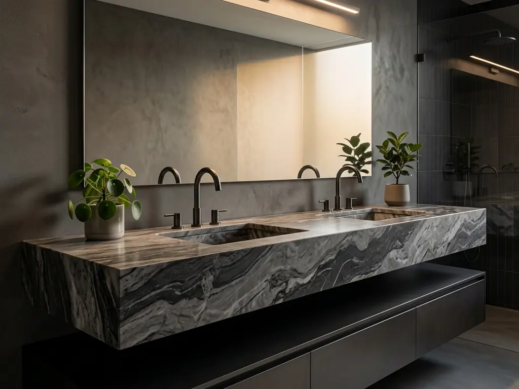 Black And Gray Marble honed vanity countertop with dark cabinetry in dramatic spa bathroom design