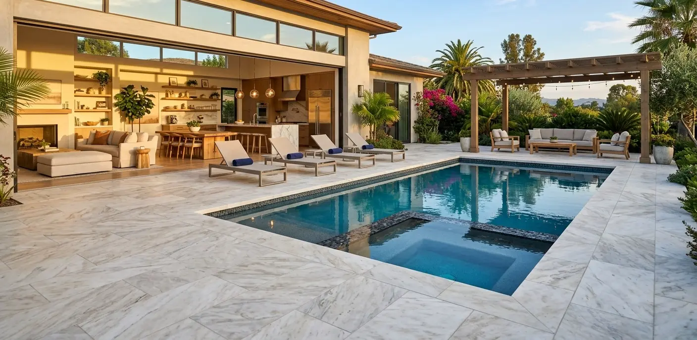 Honed marble tiles installed on outdoor patio and pool deck surface
