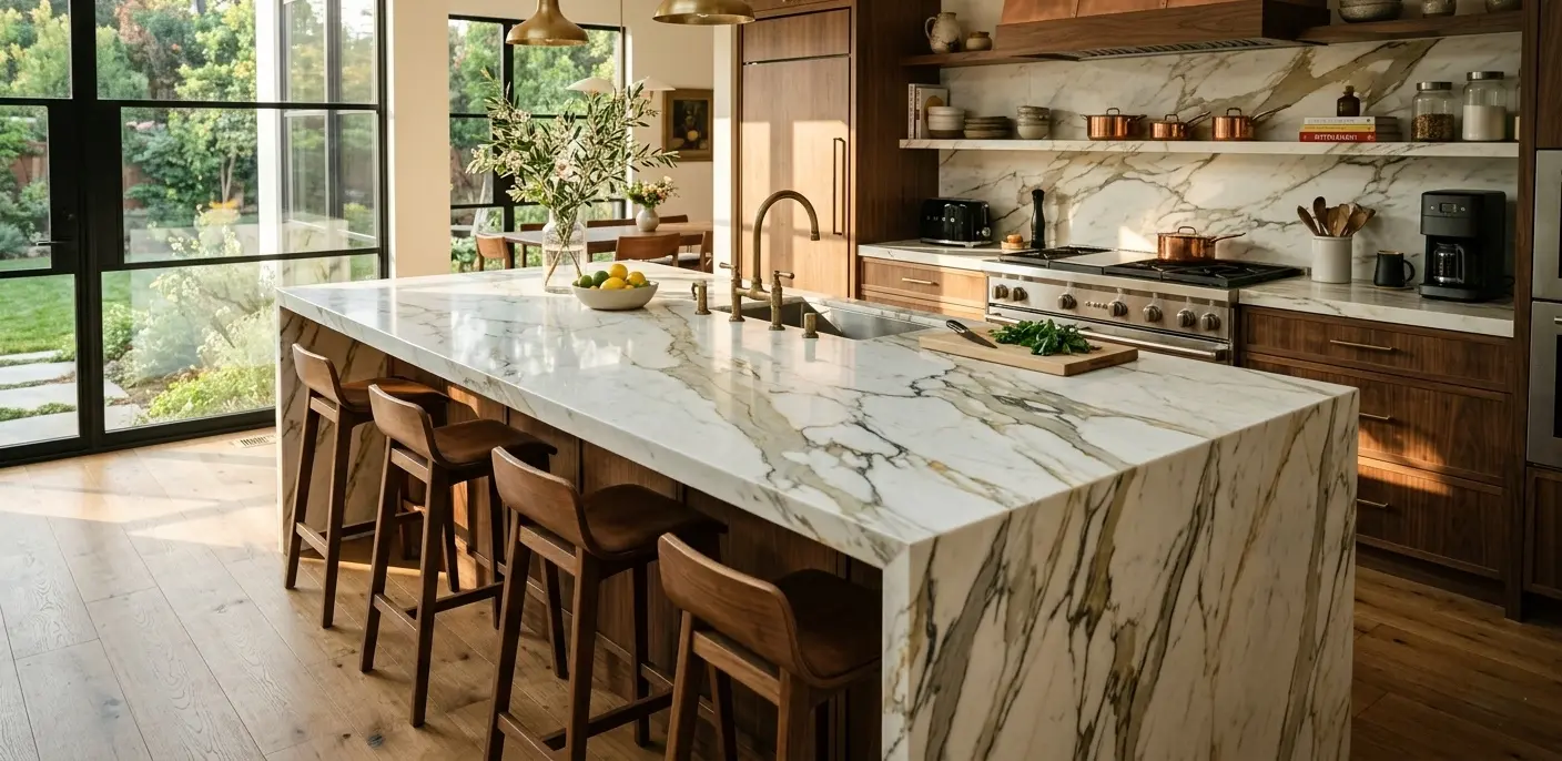 Calacatta marble slab with bold white and gold veining
