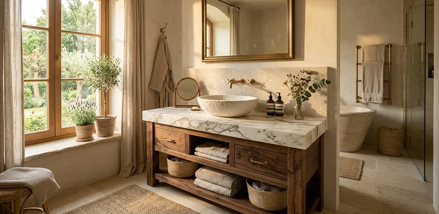 Marble bathroom vanity with natural stone slab top and vessel sink