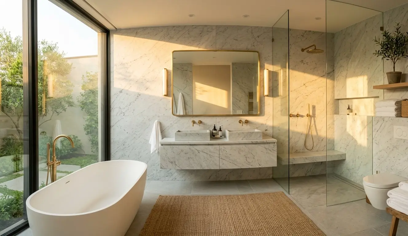 Honed marble bathroom wall cladding