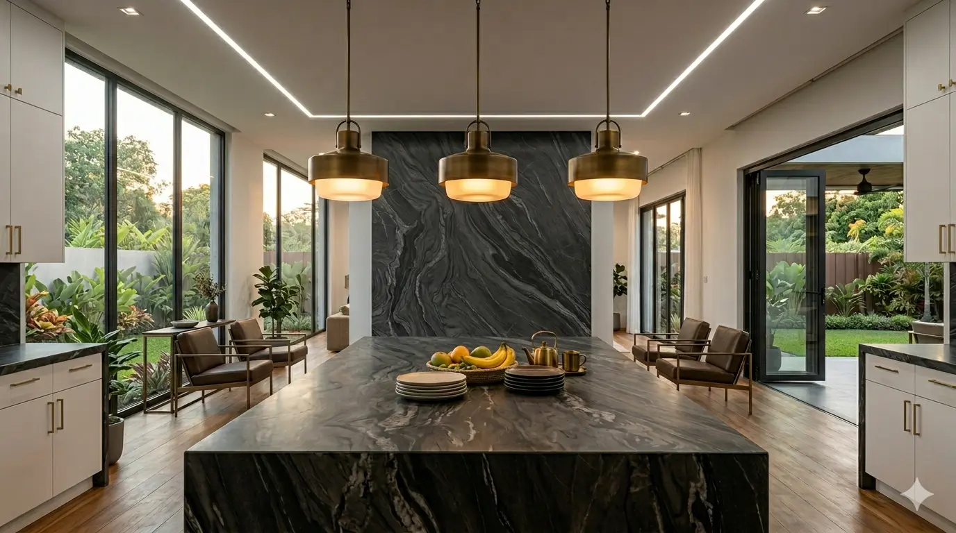 Dark Gray Marble island countertop as visual anchor in white cabinetry kitchen design