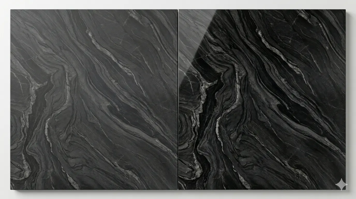 Dark Gray Marble honed and polished finish samples showing surface and tone differenc
