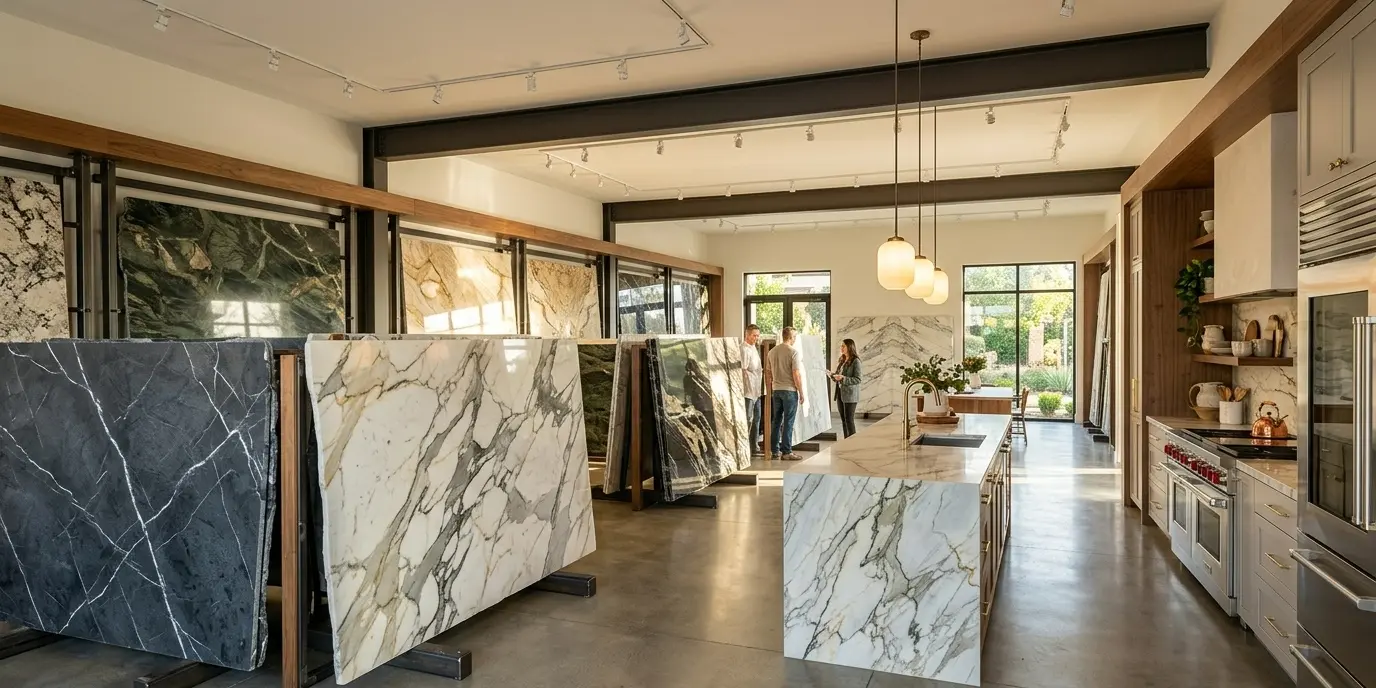 Natural stone slab showroom displaying marble and granite selections with a kitchen vignette