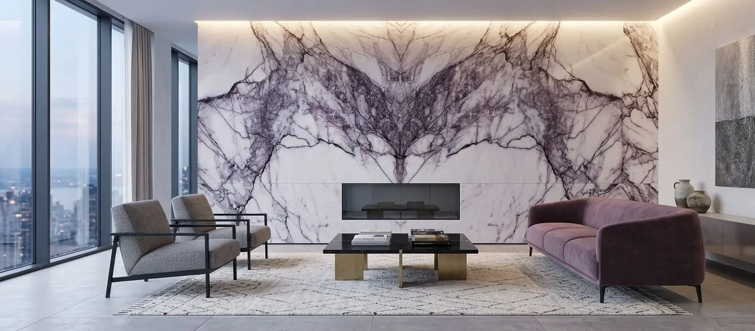 Modern living room with a large lilac marble accent wall