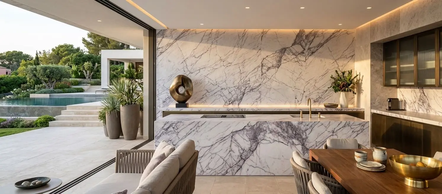 Minimalist kitchen island and feature wall are clad in stunning lilac marble