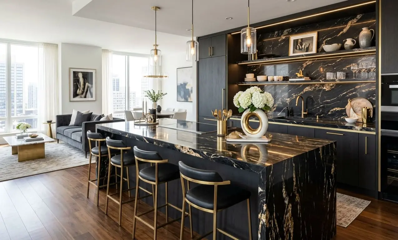 Kitchen and living area with dramatic black and gold marble waterfall countertops