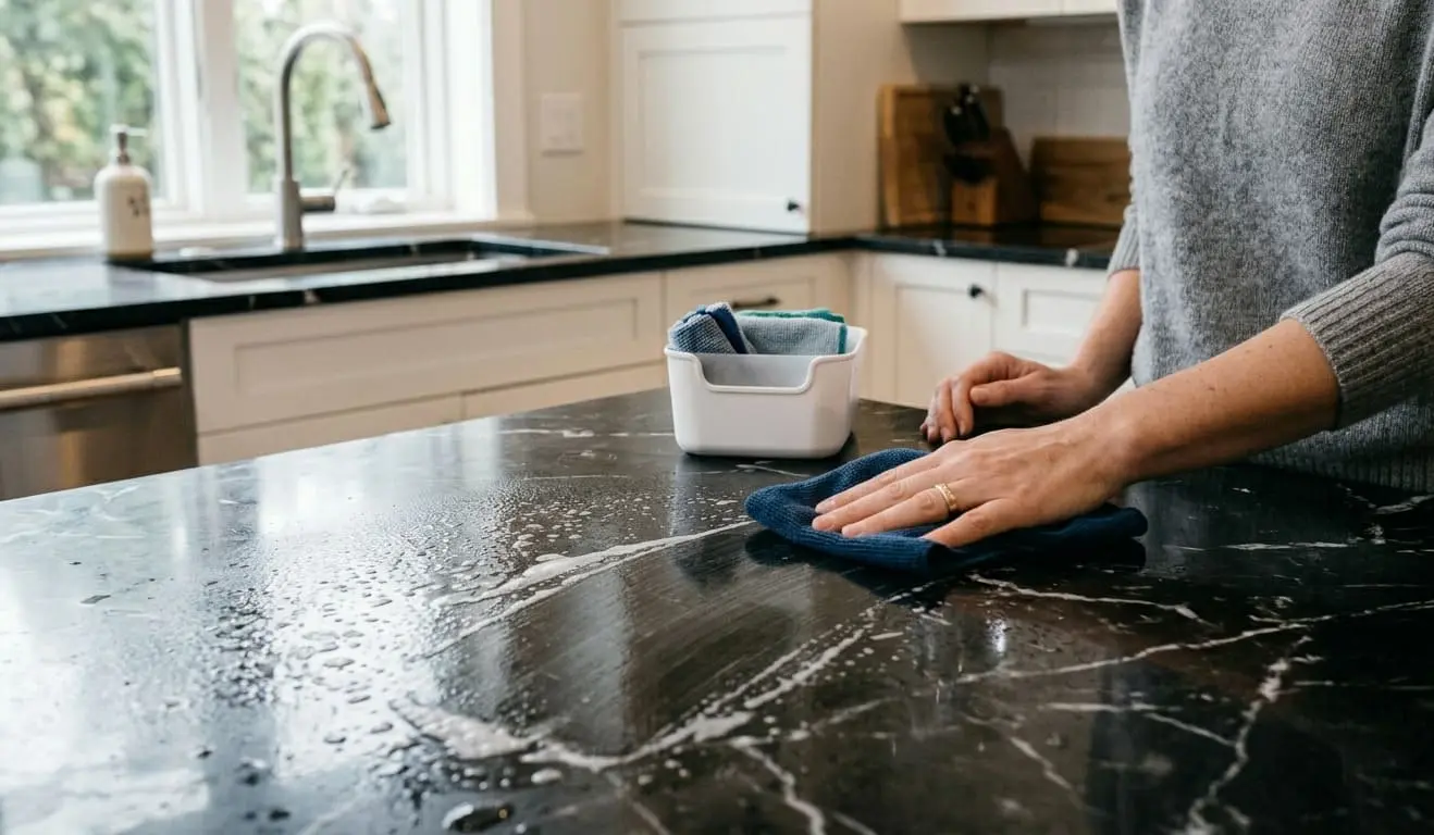 Wiping black marble countertop with a blue microfiber cloth