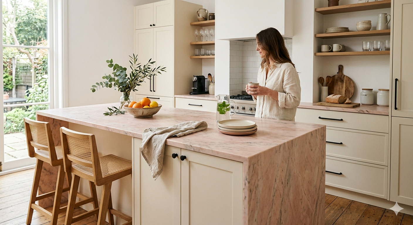 Pink marble honed kitchen island countertop with soft pink veining set in white cabinetry in a modern kitchen