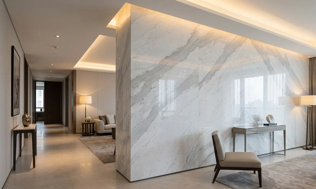Frost White Marble polished full slab feature wall as luminous architectural statement in luxury interior