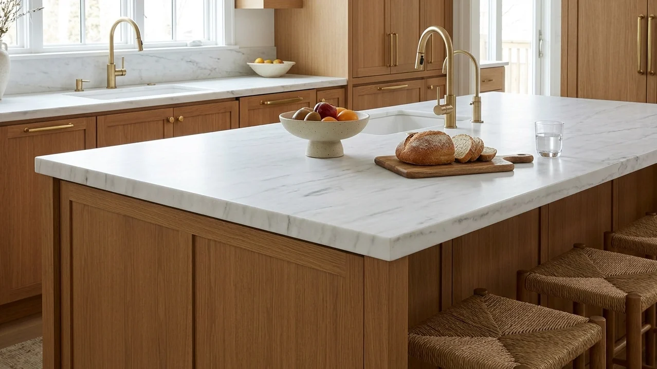 Frost White Marble honed kitchen island countertop paired with warm wood cabinetry and brass hardware