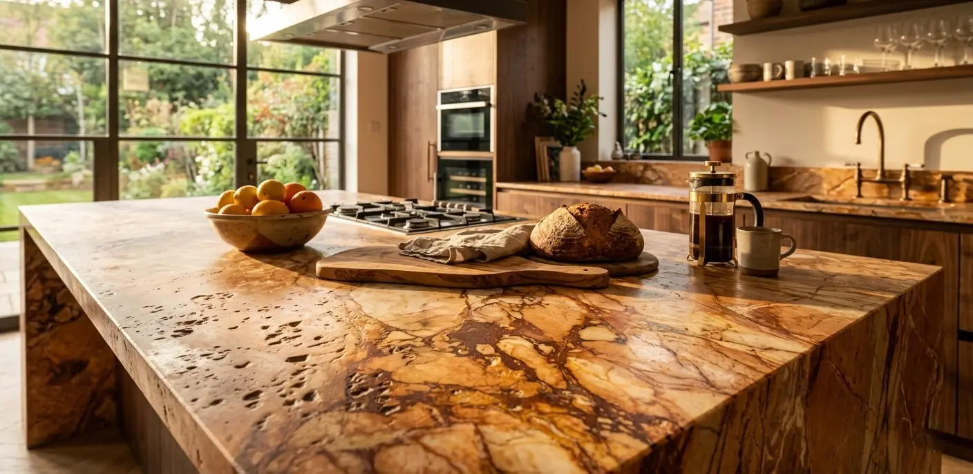 Leathered orange marble surface close-up showing textured finish