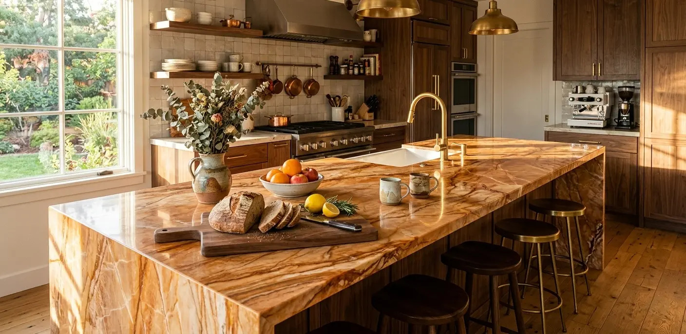 Orange marble polished natural stone slab with warm amber and terracotta veining