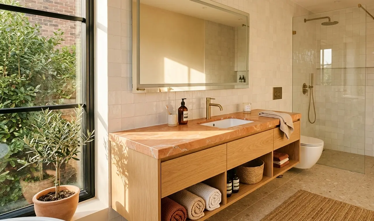 Honed orange marble slab installed as a bathroom vanity