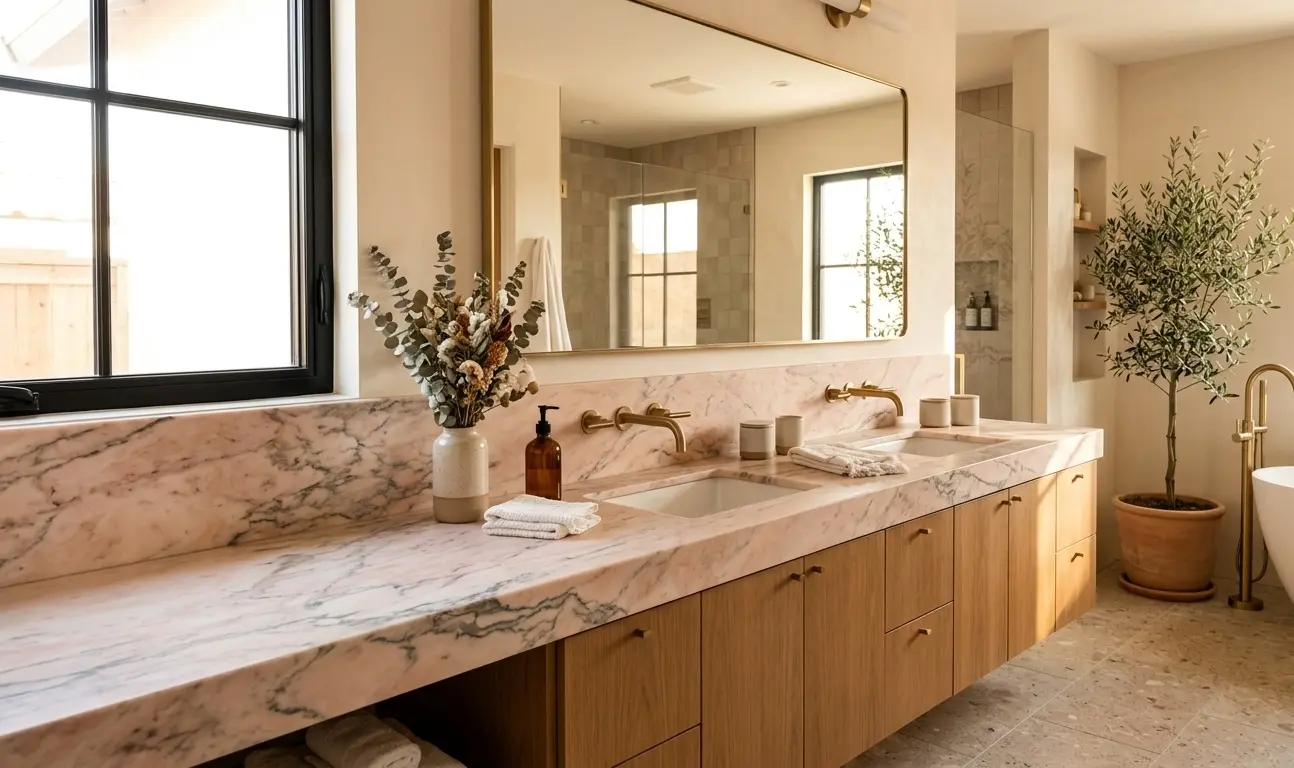 Honed rose marble slab installed as a modern bathroom vanity surface