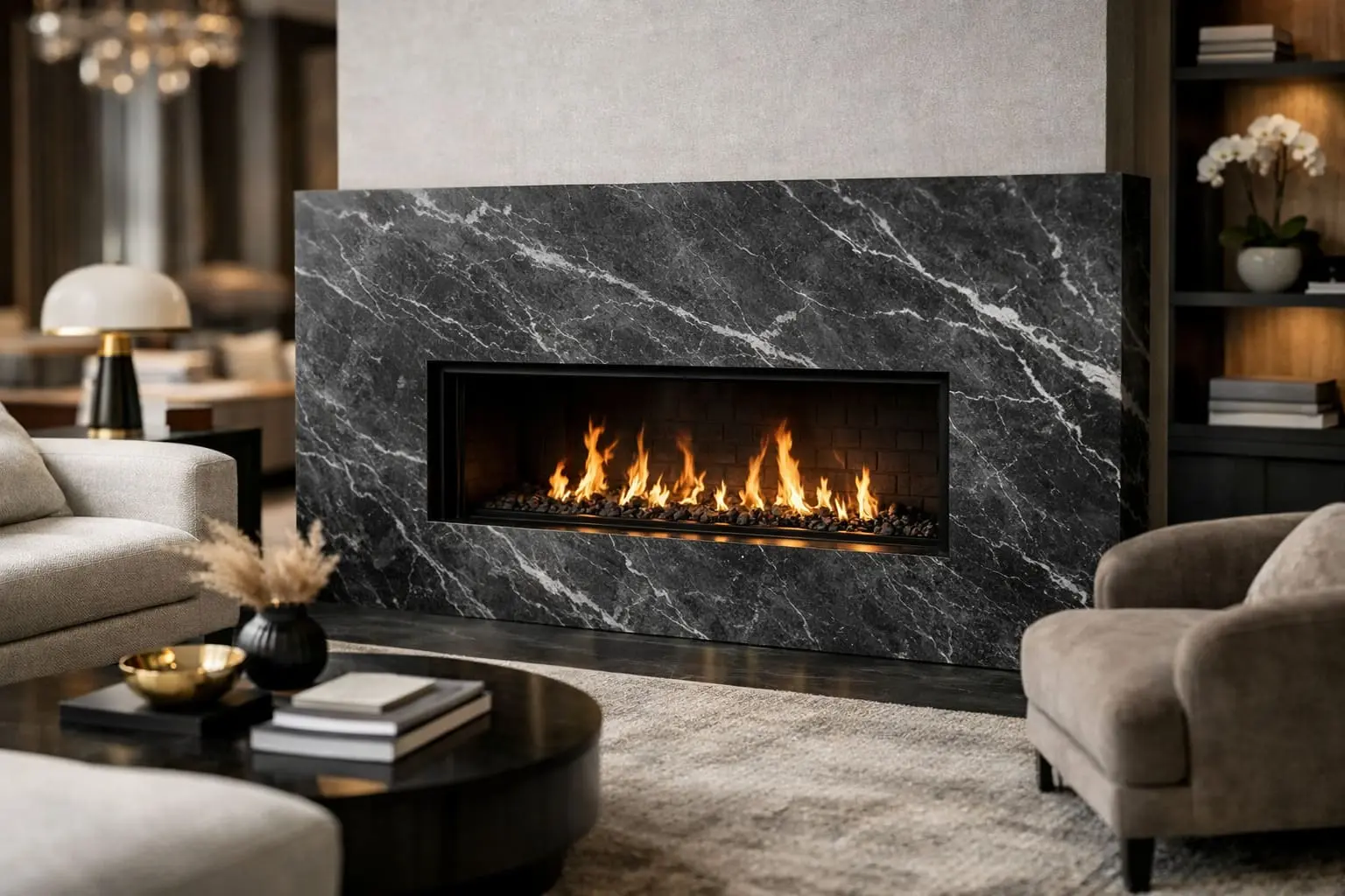 Graphite marble fireplace surround in a modern living room