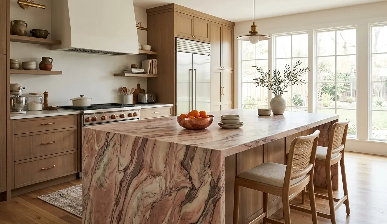 Leathered rose marble kitchen island
