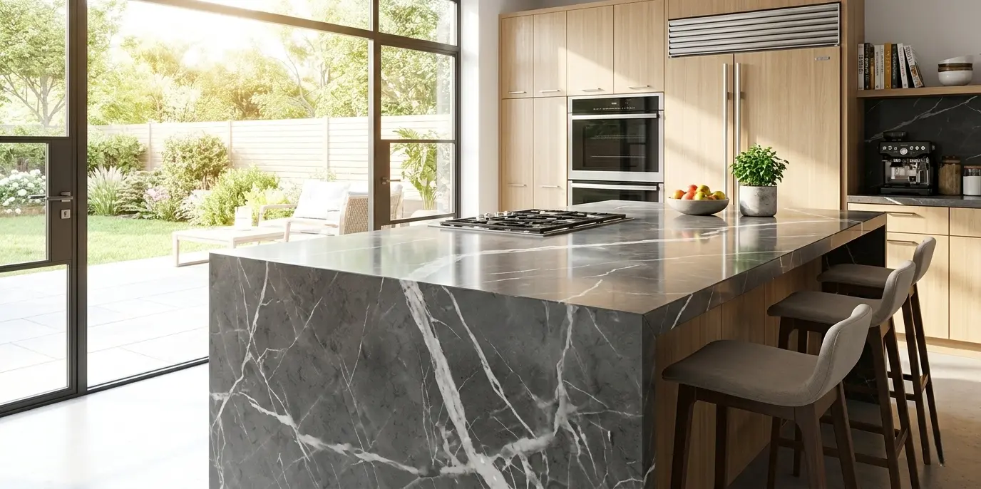 Graphite marble kitchen island with polished grey
