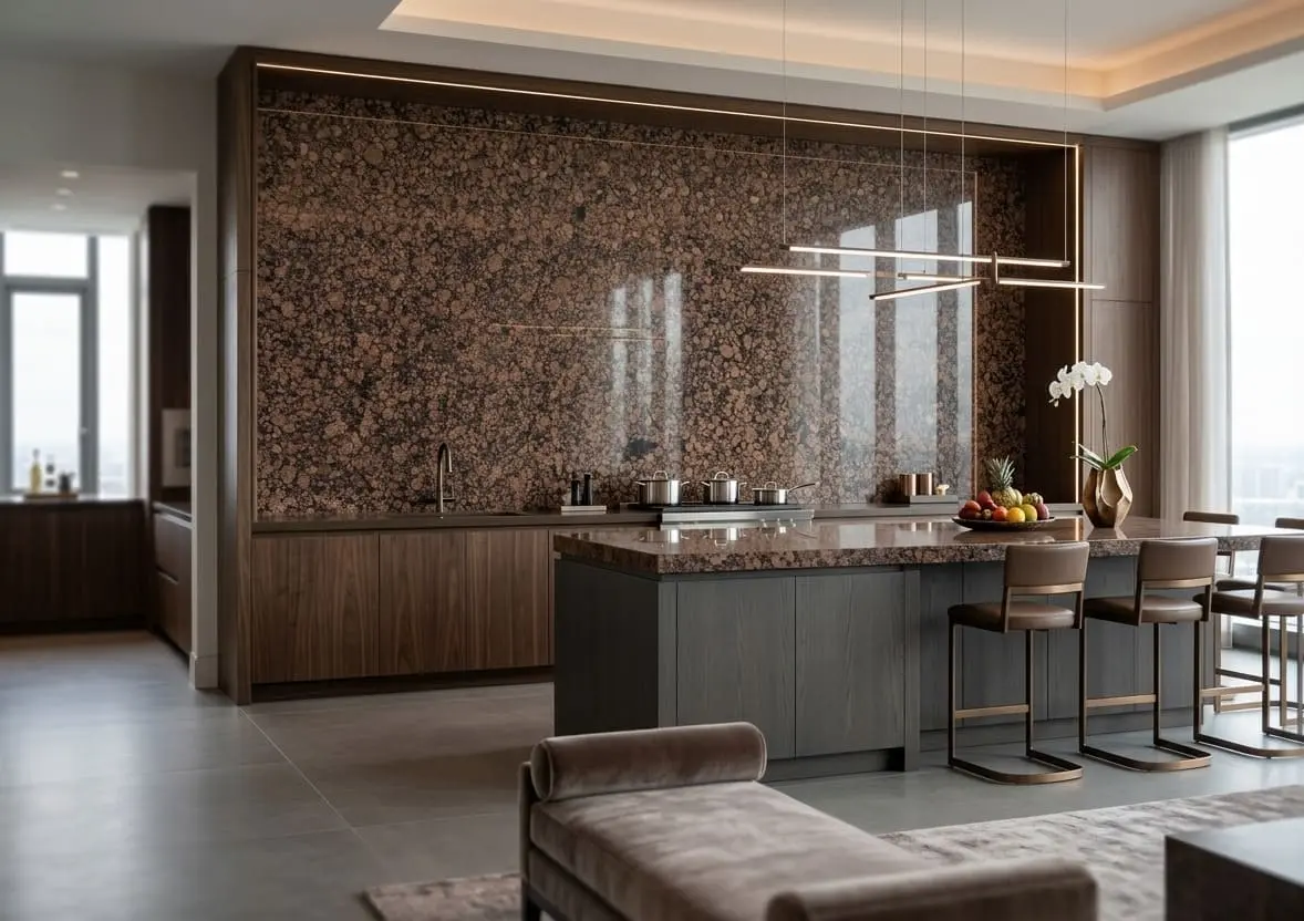 Modern kitchen with prominent Baltic brown granite feature wall and countertops