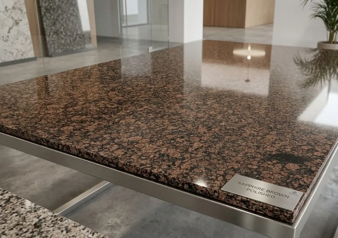 Polished Baltic brown granite slab on display in the Nova Tile and Stone Fernley showroom