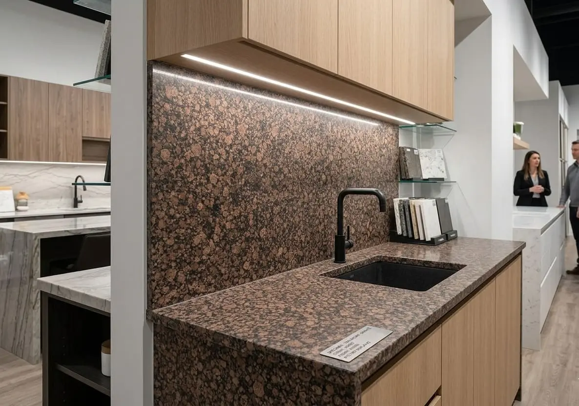 Honed finish Baltic brown granite countertop with a matching backsplash on display at Nova Tile and Stone Reno showroom