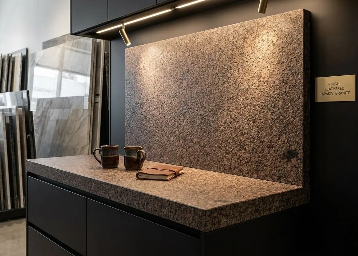 Showroom view of leathered finish Baltic brown granite surface and backsplash at Nova Tile and Stone Minden