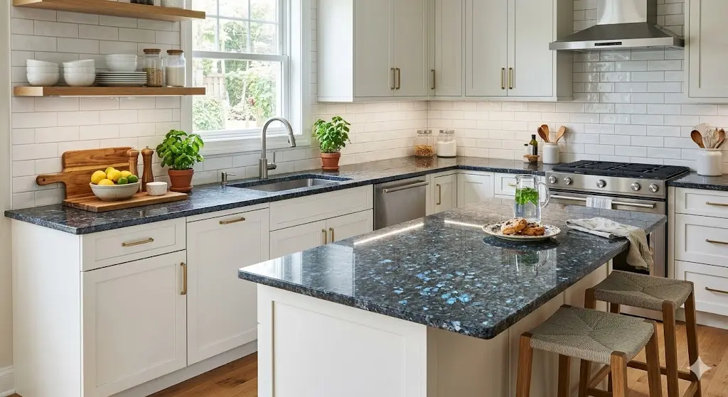 Blue pearl granite in kitchen countertop