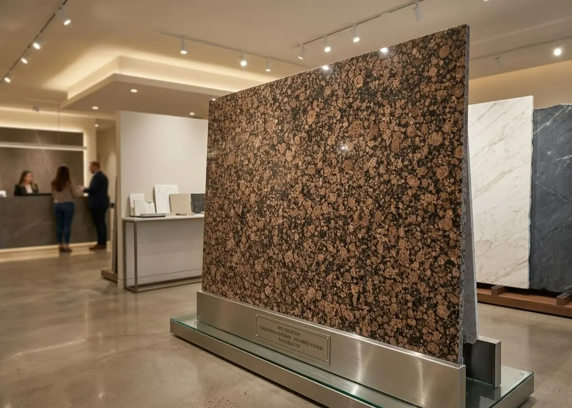 Cocoa Brown Granite slab on display in a natural stone showroom