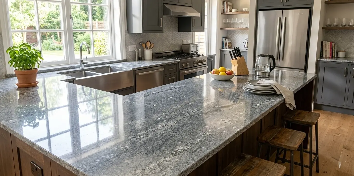 Steel gray granite slab with polished finish