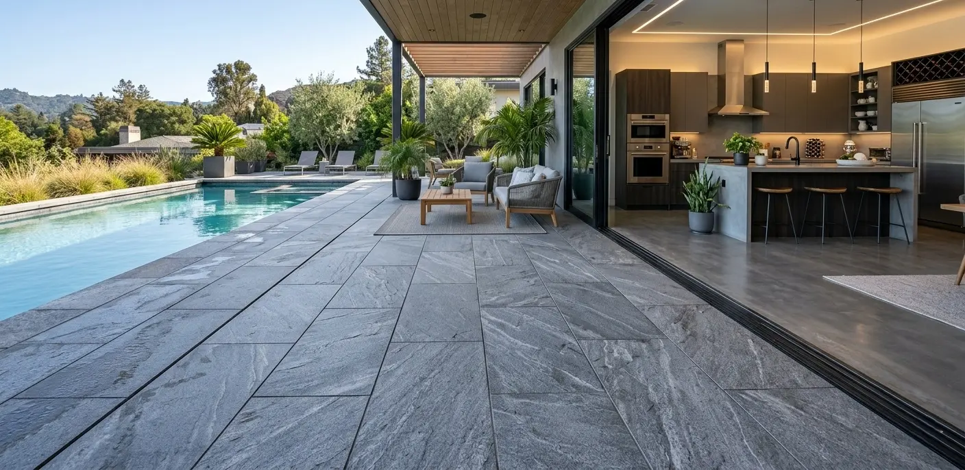 Large-format steel gray granite slab on patio and pool deck