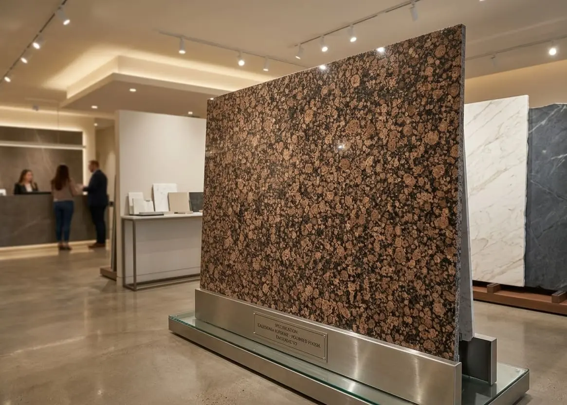 Specialty finished Baltic brown granite displayed at the Nova Tile and Stone Sacramento showroom