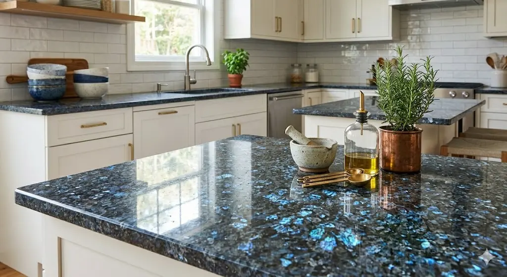 Conceptual rendering of kitchen countertop with blue pearl granite