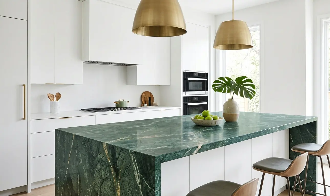 Jade Green Marble kitchen island countertop with white cabinetry in bold biophilic kitchen design