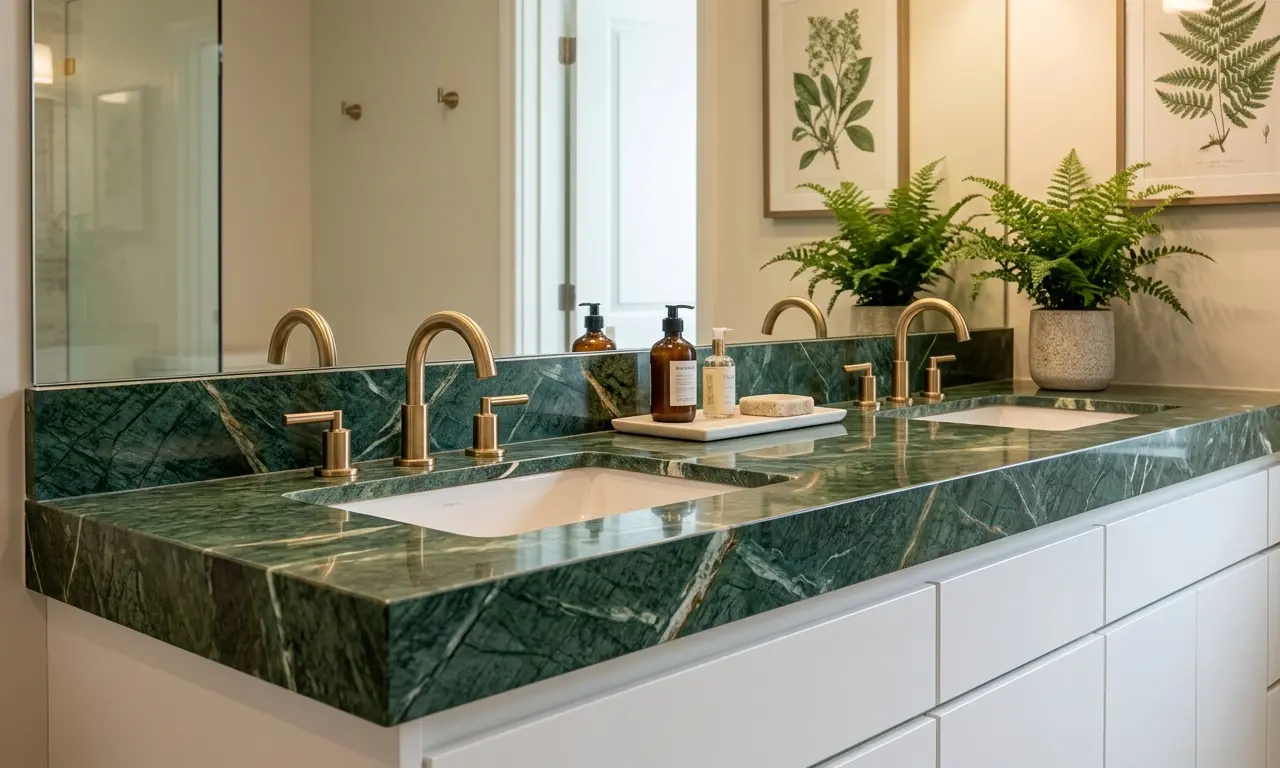 Jade Green Marble honed bathroom vanity countertop with brass hardware in spa-inspired bathroom design