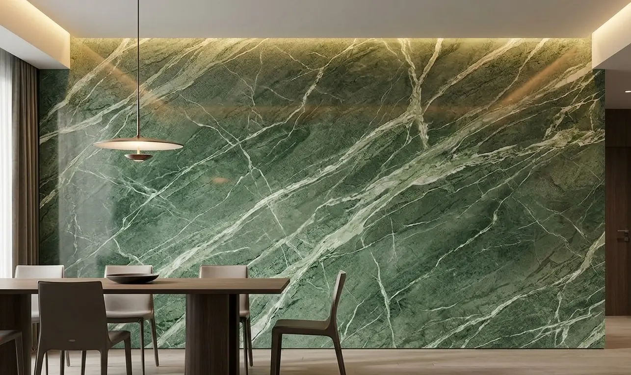 Jade Green Marble polished feature wall as bold natural stone focal point in luxury room