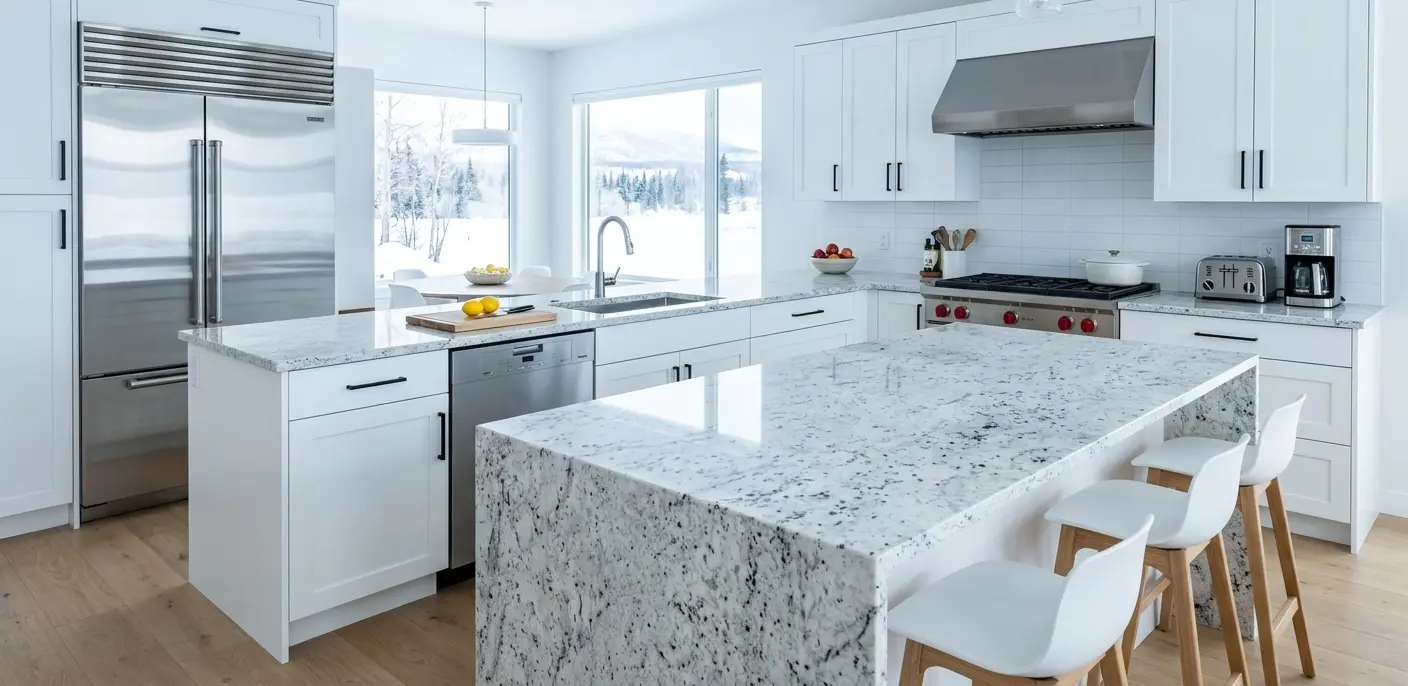 Arctic White Granite polished slab countertop in a bright modern kitchen