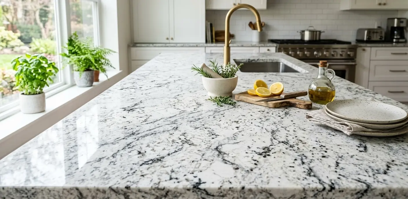 Close-up of Arctic White Granite slab showing natural crystalline veining