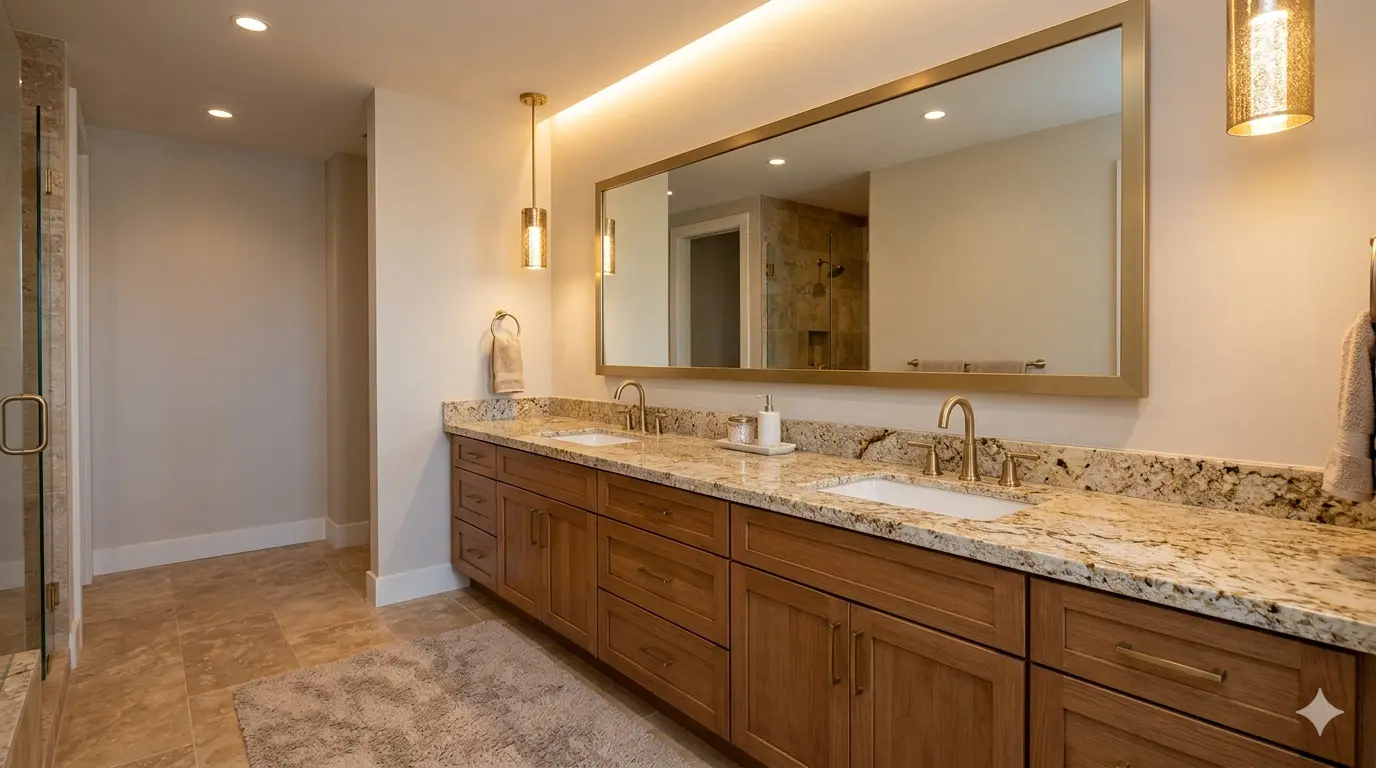 Colonial Gold Granite polished bathroom vanity countertop with brushed gold hardware in warm luxury bathroom