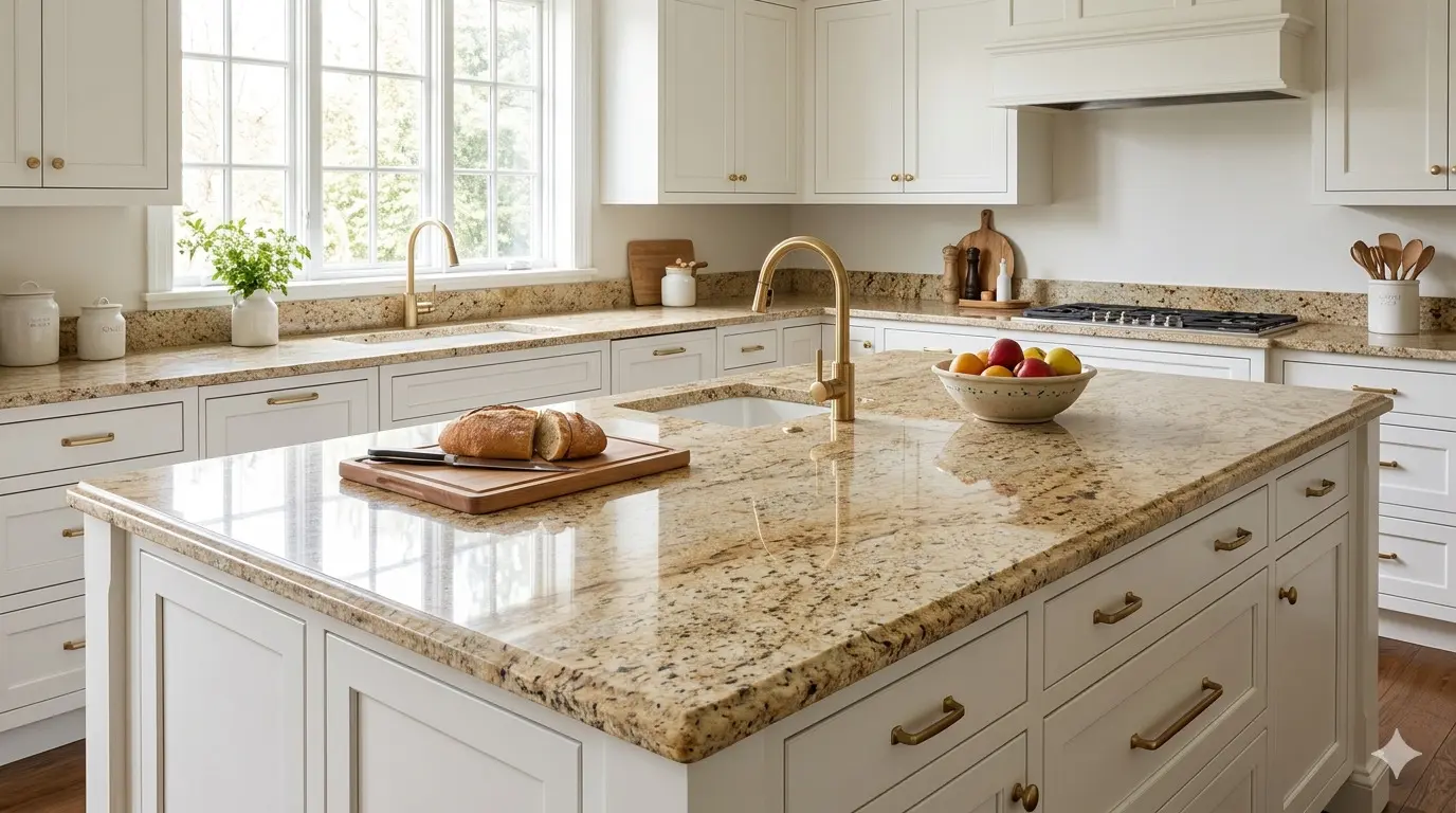 Colonial Gold Granite polished kitchen countertop with white shaker cabinetry in warm traditional kitchen