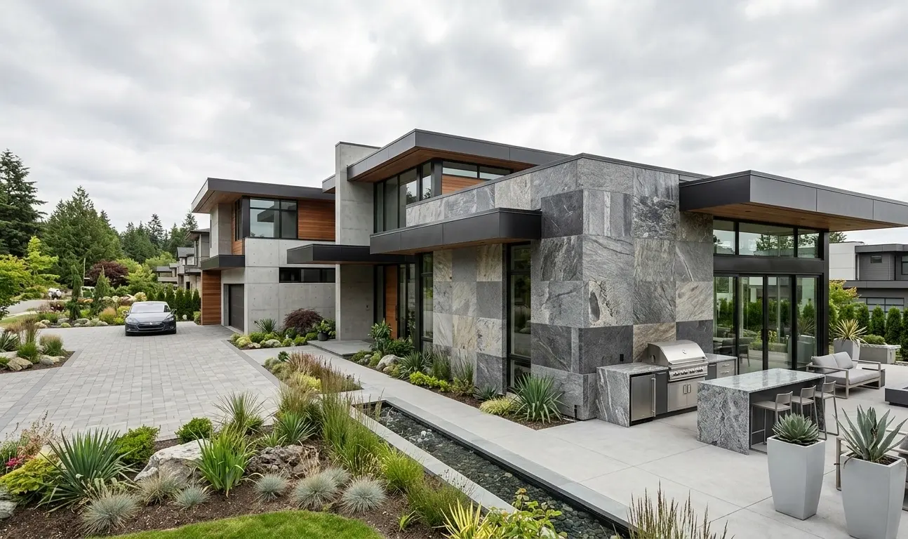 Granite exterior wall cladding on modern home facade