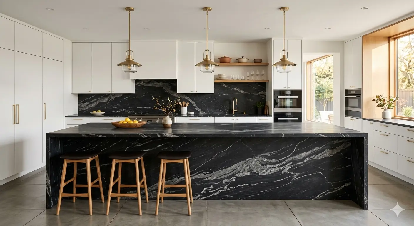 Honed marble kitchen countertop with white cabinets