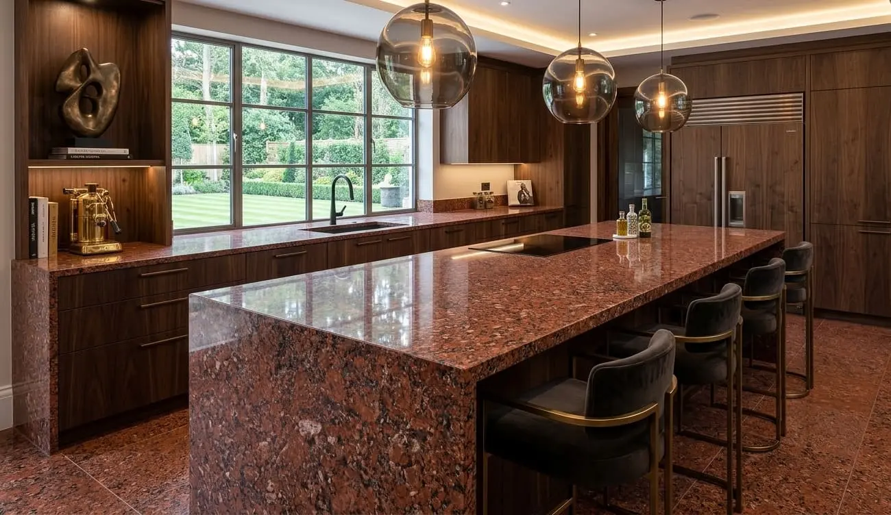 Modern kitchen with island and countertops made of Imperial red granite