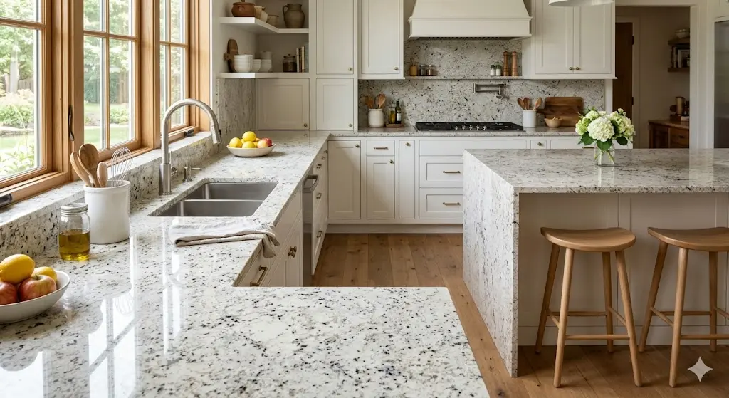 Kitchen countertop with pearl white granite