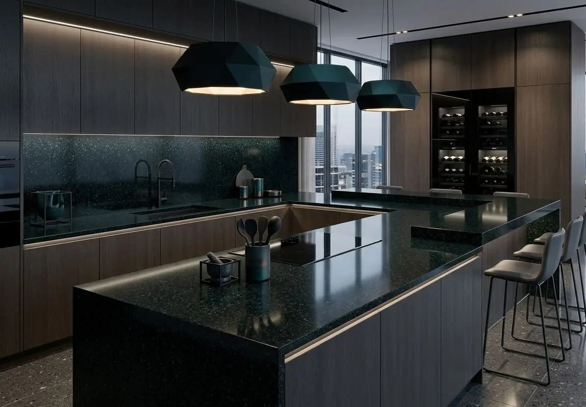 Conceptual rendering of sleek kitchen with jet black granite countertops and island