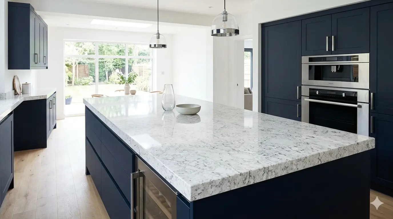 Crystal White Granite polished kitchen countertop with dark cabinetry in modern bright kitchen