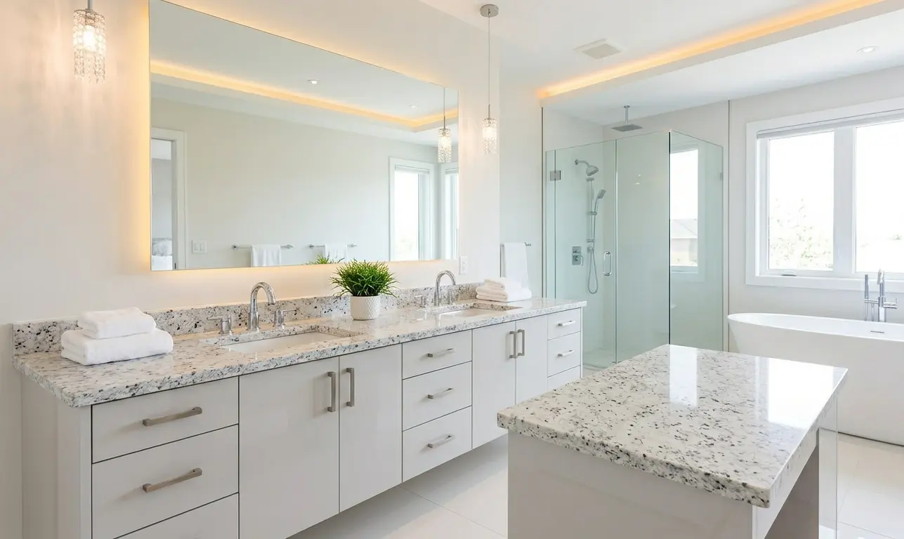 Crystal White Granite surfaces in a bright bathroom featuring a large mirror and free standing tub