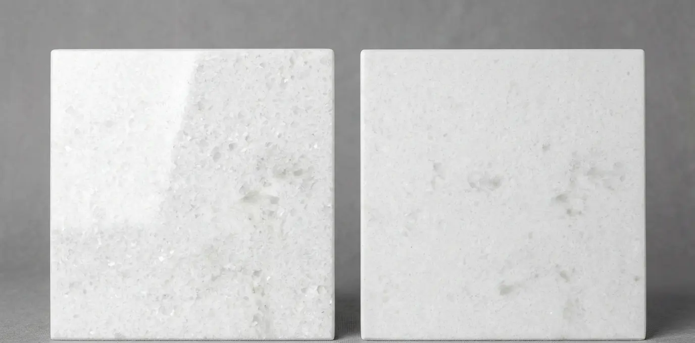Crystal White Granite polished and honed finish samples showing white surface and sparkle difference